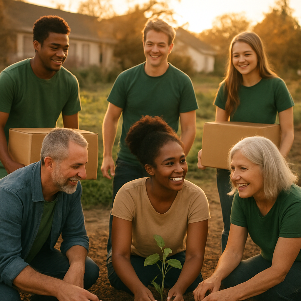 Neighborhood volunteers working together in a community garden